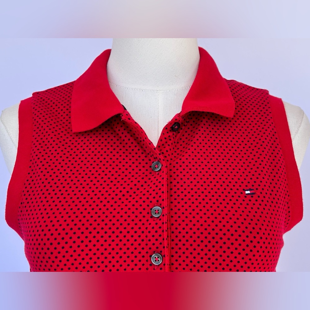 Tommy Hilfiger Women’s Sleeveless Polo Shirt Red‎ with Black Polka Dots Size S/P